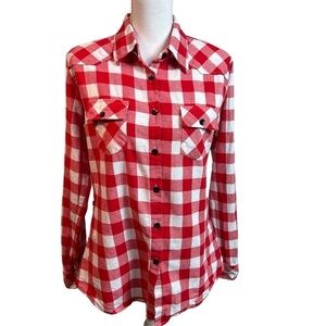 Ochenta Flannel Shirt Women's Medium Red Plaid Roll Tab Sleeve Side Button Tabs